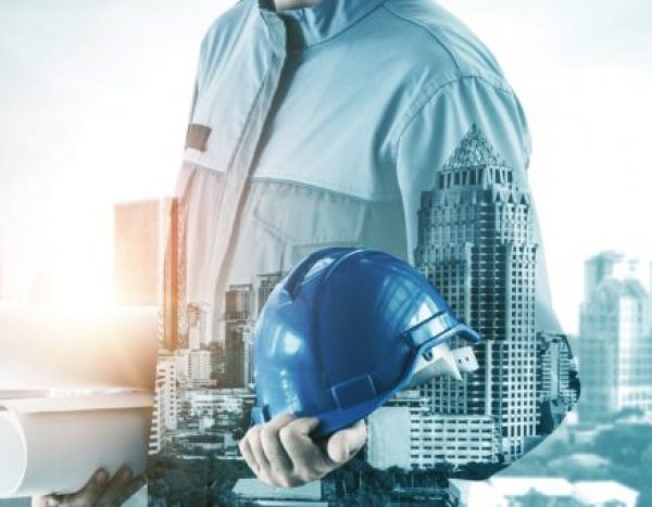 Future building construction engineering project concept with double exposure graphic design. Building engineer, architect people or construction worker working with modern civil equipment technology.